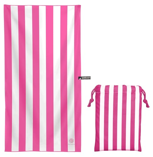 PEAQUE Mikrofaser-Handtuch mit Tasche - 80 x 160 cm - gestreiftes Badetuch, Reisehandtuch, Microfaser Handtücher, leicht, schnelltrocknend, dünn - Pinkrot/Weiß von PEAQUE