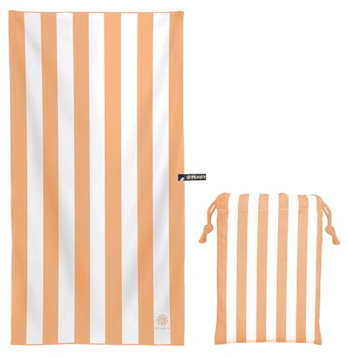 PEAQUE Mikrofaser-Handtuch mit Tasche - 80 x 160 cm - gestreiftes Badetuch, Reisehandtuch, Microfaser Handtücher, leicht, schnelltrocknend, dünn - Orange/Weiß von PEAQUE