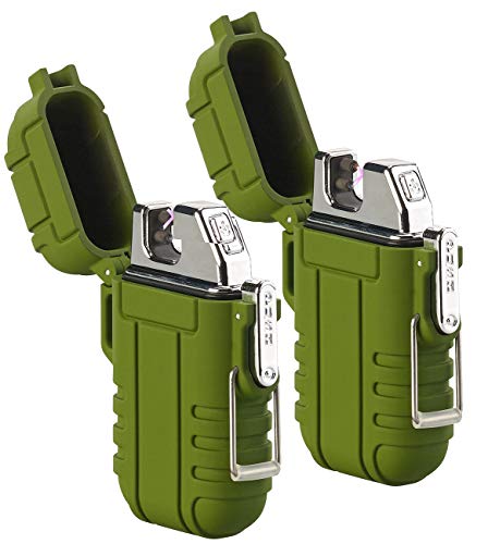 PEARL Akku-Feuerzeug: 2er-Set Elektronisches Feuerzeug mit doppeltem Lichtbogen, IP56, oliv (Lichtbogen Outdoor, Elektronisches USB) von PEARL