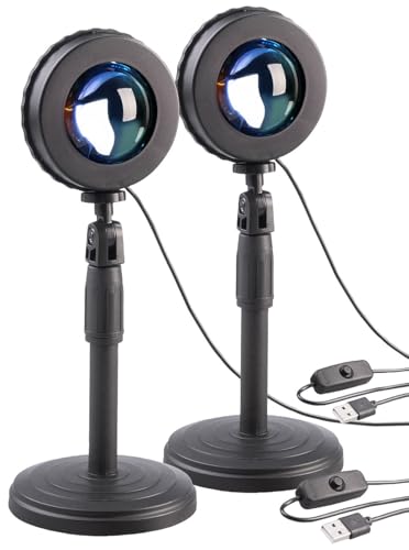 PEARL Sonnenuntergangslichter: 2er-Set LED-Sonnenuntergangsleuchten, Teleskop-Ständer, USB (Sonnenuntergang Projektionslampe, Sonnenuntergangs Nachttischlampen, Projektor) von PEARL