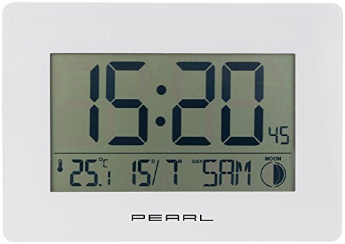 PEARL Digitale Funkwanduhr: Funk-Wanduhr mit Jumbo-Uhrzeit, Temperatur- & Datums-Anzeige, weiß (LCD Wanduhr groß, Funk Wanduhr groß, Radio Controlled) von PEARL