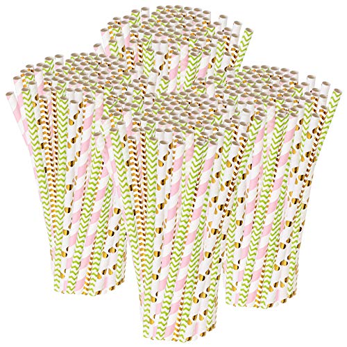 PEARL Einweg Strohhalme: 400 Papier-Trinkhalme, Retro-Motive in gold, grün, rosa, 197 x 6 mm (Gestreife Papier-Trinkhalme, Strohhalme aus Papier, Trinkflasche) von PEARL