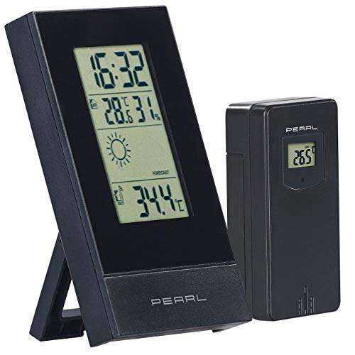PEARL Funktermometer: Digitale Wetterstation mit Außensensor, Prognose, Uhrzeit & Wecker (innen und Außenthermometer, Thermometer Außensensor, Außenfühler) von PEARL