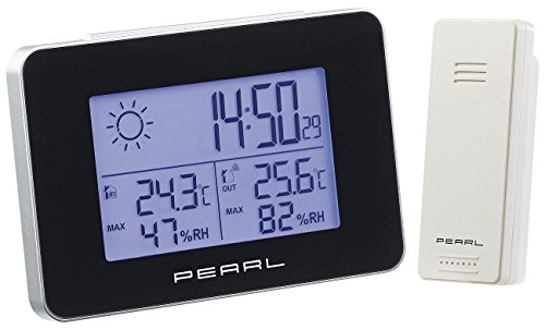 PEARL Funkthermometer: Wetterstation mit Funkwecker, Thermo-/Hygrometer und Funk-Außensensor (Uhr mit Wetterstation, Wetterstation für Senioren, Digitale Wanduhr) von PEARL