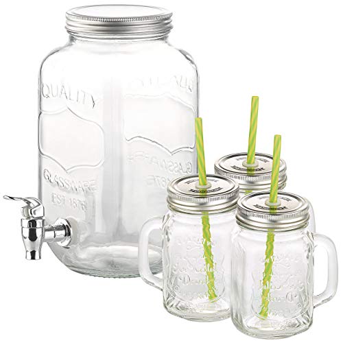 PEARL Getränkespender Glas: 4-teiliges Set aus Getränkespender und 3 Trinkgläser im Retrolook (Saftspender Glas, Getränkespender mit Zapfhahn, Wasserkanister) von PEARL