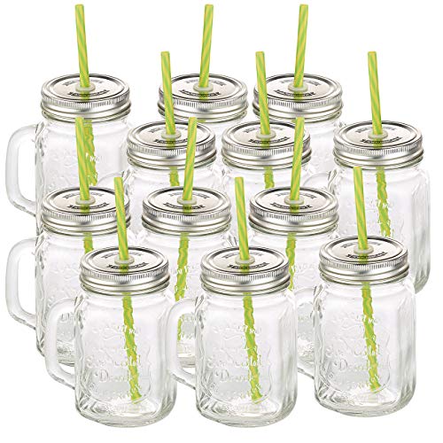 PEARL Glas: Retro-Trinkglas mit Henkel, Deckel und Trinkhalm, 12er-Set (Glas mit Deckel und Strohhalm, Smoothiegläser, Limonadengläser) von PEARL