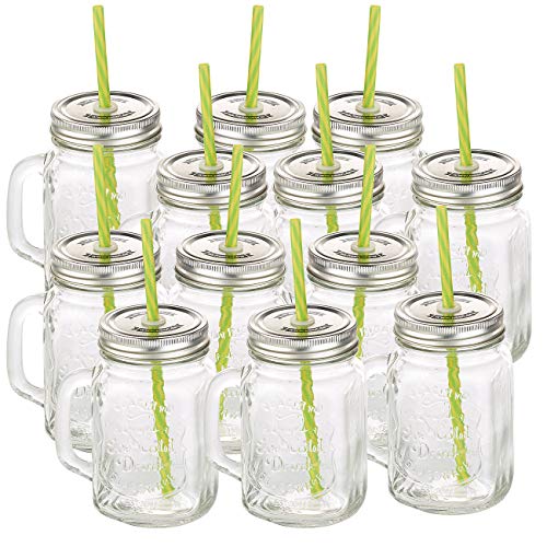 PEARL Gläser: Retro-Trinkglas mit Henkel, Deckel und Trinkhalm, 12er-Set (Cocktailgläser mit Deckel, Trinkglas mit Henkel und Strohhalm, Limonadengläser) von PEARL