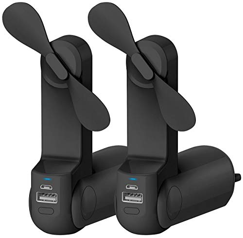 PEARL Handventilator mit Akku: 3in1-Mini-Ventilator mit Powerbank & Taschenlampe, 2.000 mAh, 2er-Set (Handventilator mit Powerbank, Taschen-Ventilator, Arbeitsleuchte) von PEARL