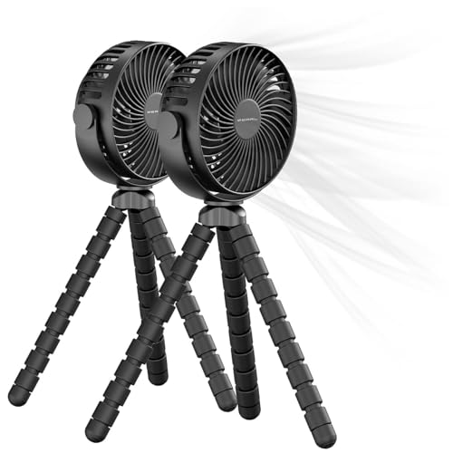PEARL Kinderwagen Ventilator: 2er-Set 360°-Akku-Handventilatoren mit Stativ, 3 Geschwindigkeiten (Stativ-Ventilator, Aufladbarer, Lüfter) von PEARL
