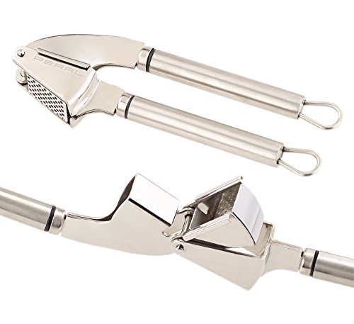 PEARL große Knoblauchpresse: Massive XL-Edelstahl-Knoblauchpresse, ausklappbares Loch-Sieb, 20 cm (Knobipresse, Knoblauch Loch-Sieb-Presse, Schäler) von PEARL