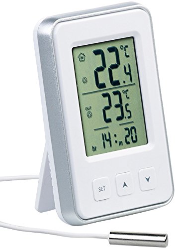PEARL Außenthermometer: Digitales Innen- und Außen-Thermometer mit Uhrzeit und LCD-Display (Thermometer mit Außenfühler Kabel, mit Außensensor, Kühlschrankthermometer) von PEARL