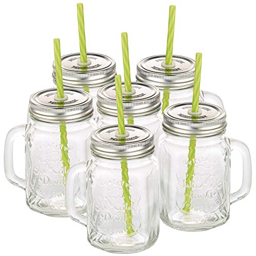 PEARL Smoothie Gläser: Retro-Trinkglas mit Henkel, Deckel und Trinkhalm, 6er-Set (Smoothie-Gläser mit Deckel, Retrogläser, Mitbringsel) von PEARL