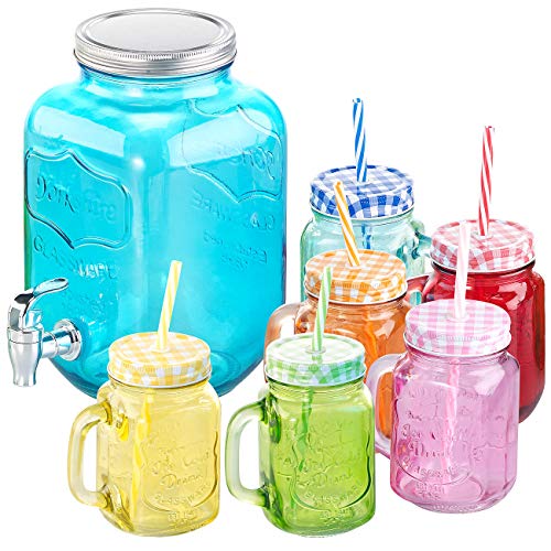 PEARL Trinkgläser: 7-teiliges Servier-Set mit Getränkespender, 6 Gläser, Einmachglas-Look (Getränkespender mit Zapfhahn, Trinkwasserspender, Kinder Garten) von PEARL