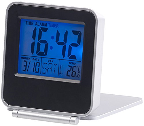 PEARL Digitalwecker: Kompakter Digital-Reisewecker mit Thermometer, Kalender und Timer (Mini LED Uhr mit Batterie, Reisewecker Digital klappbar, Temperaturanzeige) von PEARL