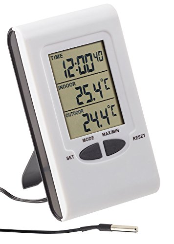 PEARL innen Außenthermometer: Digitales Innen- und Außen-Thermometer mit LCD-Display und Uhrzeit (Außenthermometer Digital, Thermometer mit Kabel, Fühler Außentemperaturanzeige Wettermessung) von PEARL