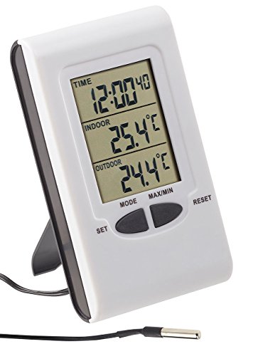 PEARL innen Aussenthermometer: Digitales Innen- und Außen-Thermometer mit LCD-Display und Uhrzeit (Außenthermometer Digital, Thermometer mit Aussenfühler) von PEARL