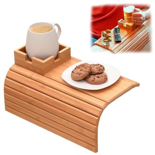 PEARLUTO Foldable Bamboo Tray with Cup Holder, Bamboo Arm Rest Tray for Couch, Couch Armrest Table, Bamboo Couch Cup Holder, Couch Arm Rest Tray (Style 3) von PEARLUTO