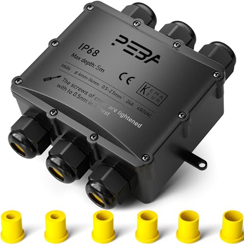 PEBA Abzweigdose IP68 Wasserdicht Kabelverbinder Aussen 6-Wege Verbindungsdose Erdkabel Schwarz Elektrischer Außenverteilerdose, Kabelverschraubung für 4-14 mm, Wasserdichte Abzweigdose Schwarz von PEBA