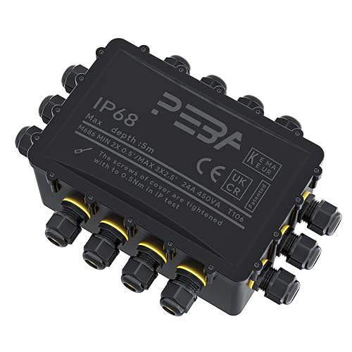 PEBA Abzweigdose Wasserdicht IP68, Großer Verteilerdose Aufputz 295x215x115 mm, M25 Kabelverschraubung 4 mm - 14 mm, Kabelverteiler Wasserdicht, Outdoor Garten Erdkabel Abzweigdose schwarz 14 Wege von PEBA