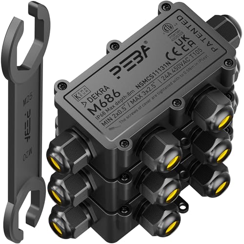 PEBA Wasserdicht Abzweigdose Erdkabel Kabelverbinder IP68 Verteilerdose steckdose aussen verteiler 4mm-8mm und 8mm-12mm kabel für außen garten outdoor wasserdichte verbinder box 4-Wege Schwarz 3 Stück von PEBA