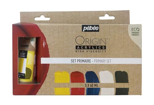 Pébéo - Origin Acrylics - Grundierungsset 5x60 ml - Öko-Acrylfarbe - Matte Oberfläche - Bindemittel 100% recycelt - 96% Rohstoffe aus Europa - Gelb, Rot, Cyan, Weiss, Schwarz von PEBEO
