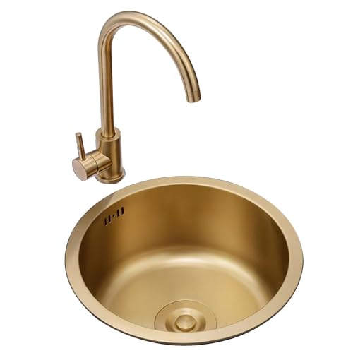 Küchen Schönes Rundes Mini-Spülbecken Aus Goldenem Edelstahl Einzelbecken-Spülbecken Mit Wasserhahn Für Balkon, Küche, Bar Und Kleine Räume Spülbecken Küchenspülen(40 * 40 * 20cm) von PEBFHSQW