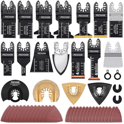 Multitool Sägeblätter PECHAM 102tlg Holz Kunststoff Metall Oszillierwerkzeug-Zubehör, mit Sandpapier&Titan& mit Japanischen Zähnen Sägeblätter Kit Fit meisten Oszillierende Werkzeuge von PECHAM