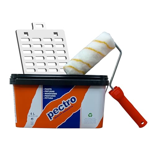 PECTRO Set Wandfarbe weiß 6,6kg (4L) + Farbroller + Farbgitter | Set innen und aussenfarbe - matt gute Deckkraft für Wand und Decke - farbe weiss innen/außen von PECTRO
