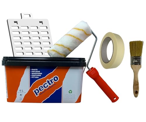 PECTRO Weiße Feuchtigkeitsschutz Farbe 6,6kg (4L) - Kit mit Rolle, Pinsel, Gitter und Kreppband - Anti-Feuchtigkeit Farbe - atmungsaktive wandfarbe weiß Innen und Decken für Badezimmer Küche Keller von PECTRO