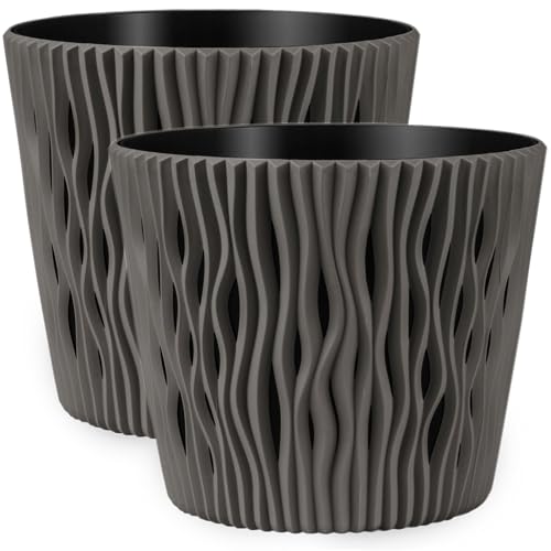 PECZEKO Blumentöpfe matt - Deko Pflanztopf für Blumen & Kräuter - Langlebige & leichte runde Kunststoff-Pflanzentöpfe für Wohn- & Esszimmer, Küche, Terrasse, Balkon - 2er-Set - (Grau, ø 16 cm) von PECZEKO
