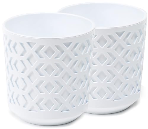 PECZEKO Matte Blumentöpfe - Deko Pflanztopf für Blumen & Kräuter - Langlebige & leichte runde Kunststoff-Pflanzentöpfe für Wohn- & Esszimmer, Küche, Terrasse, Balkon - 2er-Set - (Weiß/Weiß, ø 14 cm) von PECZEKO
