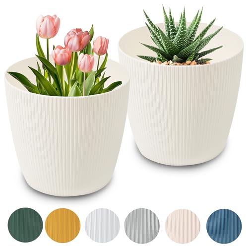 PECZEKO Blumentopf matt, Pflanzkübel aus Übertopf Kunststoff Dekorativer Topf für, groß Pflanzen 2X blumenkübel Set, blumenkübel kräutertopf, (2 Pack) Creme, ø 22 cm von PECZEKO