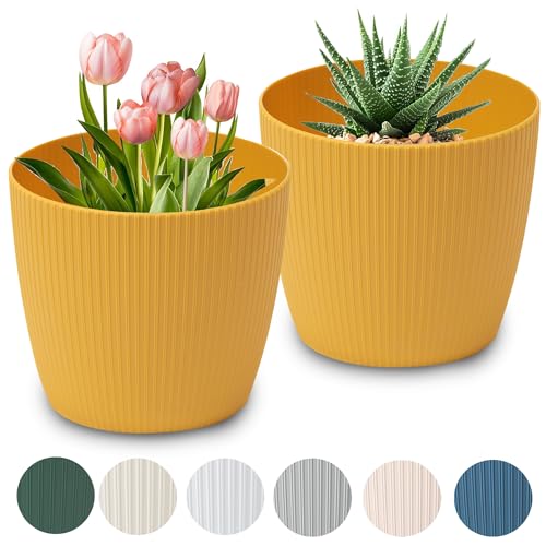 PECZEKO Blumentopf matt, Pflanzkübel aus Übertopf Kunststoff Dekorativer Topf für, groß Pflanzen 2X blumenkübel Set, blumenkübel kräutertopf, (2 Pack) Senf, ø 19 cm von PECZEKO