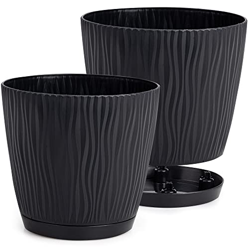 PECZEKO Matte Blumentöpfe - Deko Pflanztopf für Blumen & Kräuter - Langlebige & leichte runde Kunststoff-Pflanzentöpfe für Wohn- Esszimmer, Küche, Terrasse, Balkon - 2er-Set - (Antracyt, ø 19 cm) von PECZEKO