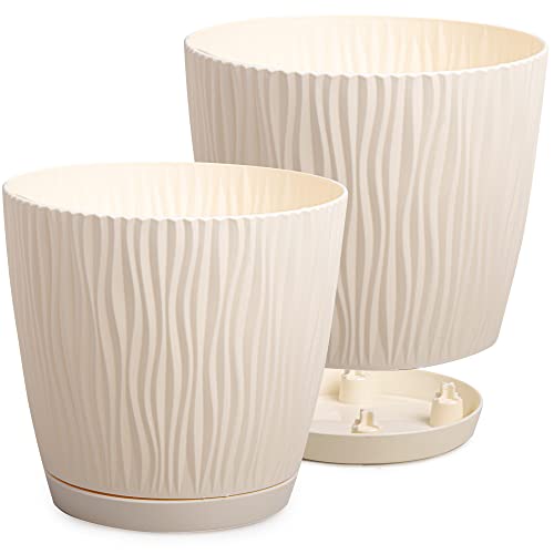 PECZEKO Matte Blumentöpfe - Deko Pflanztopf für Blumen & Kräuter - Langlebige & leichte runde Kunststoff-Pflanzentöpfe für Wohn- Esszimmer, Küche, Terrasse, Balkon - 2er-Set - (Beige, ø 19 cm) von PECZEKO