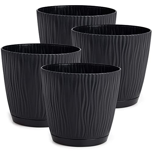 PECZEKO Matte Blumentöpfe - Deko Pflanztopf für Blumen & Kräuter - Langlebige & leichte runde Kunststoff-Pflanzentöpfe für Wohn- Esszimmer, Küche, Terrasse, Balkon - 4er-Set - (Antracyt, ø 17 cm) von PECZEKO
