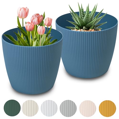PECZEKO Matte Blumentöpfe - Deko Pflanztopf für Blumen & Kräuter - Langlebige & leichte runde Kunststoff-Pflanzentöpfe für Wohn- & Esszimmer, Küche, Terrasse, Balkon - 2er-Set - (Blau, ø 16 cm) von PECZEKO