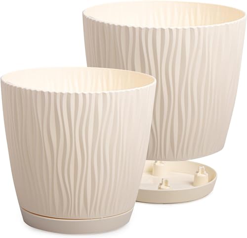PECZEKO Matte Blumentöpfe - Deko Pflanztopf für Blumen & Kräuter - Langlebige & leichte runde Kunststoff-Pflanzentöpfe für Wohn- & Esszimmer, Küche, Terrasse, Balkon - 2er-Set - (Creme, ø 24 cm) von PECZEKO