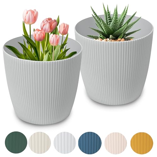 PECZEKO Matte Blumentöpfe - Deko Pflanztopf für Blumen & Kräuter - Langlebige & leichte runde Kunststoff-Pflanzentöpfe für Wohn- & Esszimmer, Küche, Terrasse, Balkon - 2er-Set - (Grau, ø 16 cm) von PECZEKO