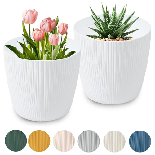 PECZEKO Matte Blumentöpfe - Deko Pflanztopf für Blumen & Kräuter - Langlebige & leichte runde Kunststoff-Pflanzentöpfe für Wohn- & Esszimmer, Küche, Terrasse, Balkon - 2er-Set - (Weiß, ø 19 cm) von PECZEKO