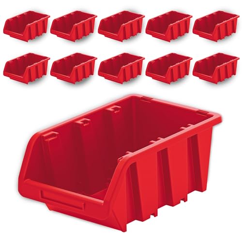 PECZEKO Werkstatt-Stapelkiste, Stapelbox aus PP Kunststoff, Sichtbox Stapelbox, Lagerboxen für Werkzeugswand, Sichtlagerkasten, Sortierbox - Rot 10 Stück, 290x200 mm von PECZEKO