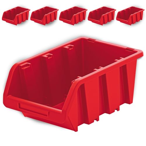 PECZEKO Werkstatt-Stapelkiste, Stapelbox aus PP Kunststoff, Sichtbox Stapelbox, Lagerboxen für Werkzeugswand, Sichtlagerkasten, Sortierbox - Rot 5 Stück, 390x240 mm von PECZEKO
