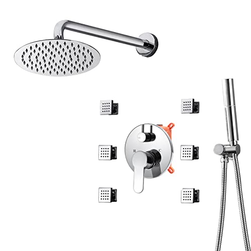 MOLVUS Duschsystem Chrom 10 Zoll Regenduschkopf Hochdruck mit 2 in 1 Handbrause und 6 Körpersprays Massageduschkopf Duscharmatur-Set Wandmontage oder Deckenmontage St MOLVUS Duschsystem Chrom 10 Zoll Regenduschkopf Hochdruck mit 2 in 1 Handbrause und 6 Körpersprays Massageduschkopf Duscharmatur-Set Wandmontage oder Deckenmontage St von PEDDCEX