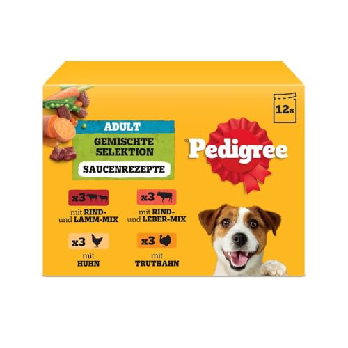 Pedigree Multipack Portionsbeutel Gemischte Selektion mit Gemüse 4 Varietäten Rind- und Lammmischung, Rind- und Lebermischung, Huhn, Truthahn in Sauce 4x12x100g von Pedigree