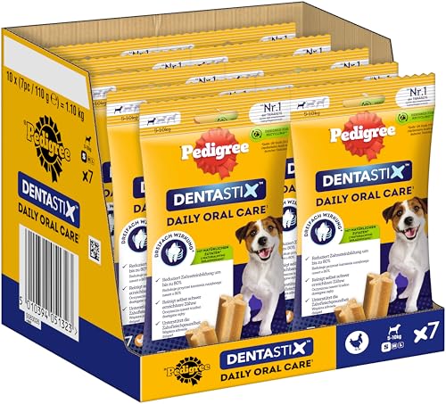 PEDIGREE DentaStix Hundesnack für kleine Hunde (5-10kg), Zahnpflege-Snack mit Huhn und Rind, 10 Packungen je 7 Stück (10 x 100 g) von Pedigree