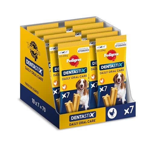 PEDIGREE DentaStix Hundesnack für mittelgroße Hunde (10-25kg), Zahnpflege-Snack mit Huhn und Rind, 10 Packungen je 7 Stück (10 x 180 g) von Pedigree