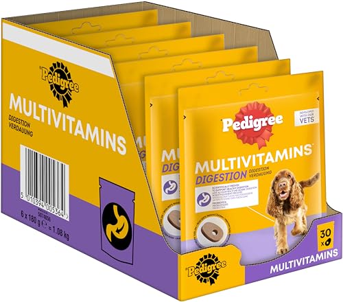 Pedigree Hundesnacks Multivitamins Verdauung - 30 weiche Hundeleckerlis mit Probiotika, 6x180g - Supplements zur Unterstützung der Verdauung, einfache Fütterung von Pedigree