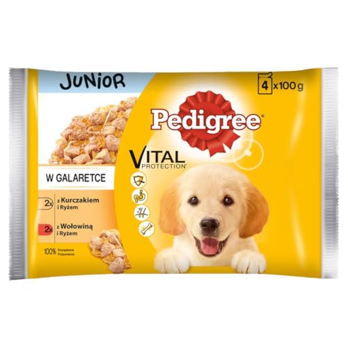 Pedigree Junior Choice of Flavours Nassfutter für Welpen Aller Rassen mit Rindfleisch und Reis in Gelee, Beutel 4x100g Pedigree Junior Choice of Flavours Nassfutter für Welpen Aller Rassen mit Rindfleisch und Reis in Gelee, Beutel 4x100g von Pedigree