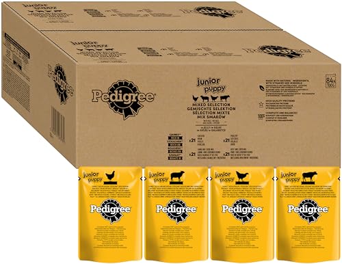 PEDIGREE Junior Multipack Gemischte Selektion in Gelee Hundenassfutter im Portionsbeutel für junge Hunde 4 Varietäten 84 x 100g von Pedigree