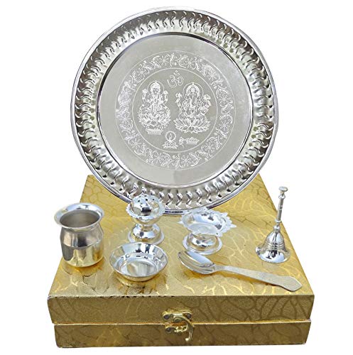 Peegli® Indisch Traditionell Pooja Thali Mit Box Handgemacht Deutsche Silber Puja Thali 7 Set Festival Ethnisch Arti Thali 8,5 Zoll von PEEGLI